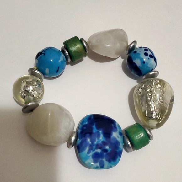 Classy Statement Necklace Green, Clear, Blue & Yellow Rhinestones + Bracelet - Picture 5 of 6